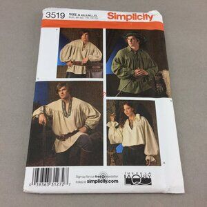 Simplicity 3519 Uncut Unisex Sewing Pattern Medieval Renaissance Shirt Sz XS-XL